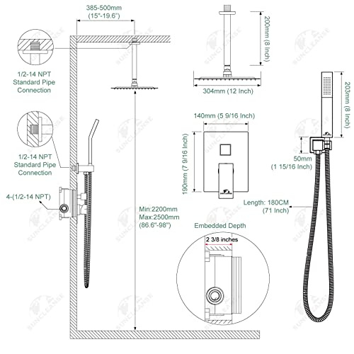 SunCleanse Rainfall Shower Faucet Set Brushed Gold Shower Combo Set for Bathroom with High Pressure 10 inch Shower Head with Handheld Shower Valves Shower Head and Handheld Ceiling Mounted - color: Brushed Gold, style: 10-ceiling