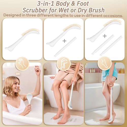 New Foot Brush with Adjustable Long Handle, 3-in-1 Foot Scrubber for Wet or Dry Brushing, 10.2’’- 27.5’’ Foot Scrub Brush for Senior, Pregnant, Disabled, or Injured, Gift-Box Packed(White) - color: White