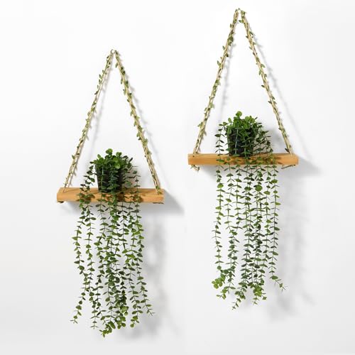 2 Pack Wooden Hanging Shelves with Artificial Eucalyptus Plants Wall Decor for Living Room, Bedroom, Bathroom - Fake Hanging Plant and Wood Wall Shelf Set for Boho Farmhouse Home Decor