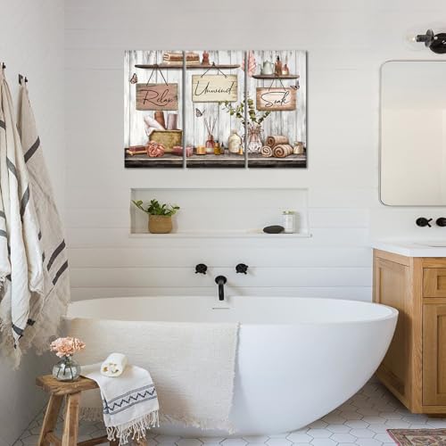 sechars Bathroom Wall Art Relax Unwind Soak Signs Canvas Prints Brown Spa Decor, 8x16 Inches Each, Framed (Brown) - color: Brown