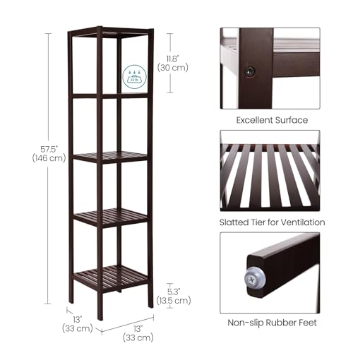 SONGMICS Bamboo Storage Shelf, 5-Tier Shelving Unit, Multifunctional, in the Entryway, Bathroom, Living Room, Balcony, Kitchen, 13 x 13 x 57.5 Inches, Brown UBCB55Z - color: Brown, size: 5 Tiers (13"D x 13"W x 57.5"H)
