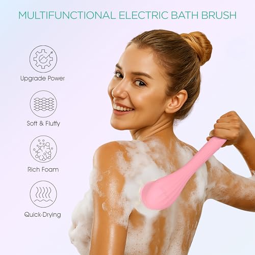 VOYOR Electric Body Brush Back Scrubber Silicone Body Scrubber Two-Way Rotating Brush Head for Deep Cleaning, Exfoliation, 4 Attachments Long Handle IPX6 Rechargeable Shower Brush BC300 (Pink) - color: Pink