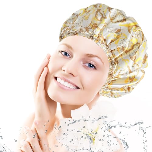 Shower Cap for Women,4 PCS Elastic and Reusable Bath Caps, Double Layers Shower Caps Reusable Waterproof, Bathing Shower Caps, Environmental Bath Hair Protection Cap - Butterfly D - color: Butterfly D