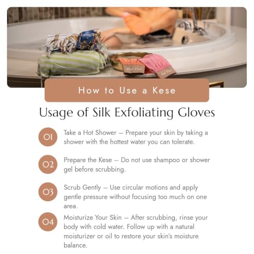 Feel Fine Turkish 100% Natural Plant Silk Exfoliating Gloves & Mitt Set – Hammam Kese for Body Scrub Mitt for Women & Men, Perfect for Shower, Bath, and Spa (Salmon&Gold)
