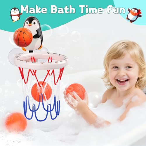 Bath Toys, Bathtub Basketball Hoop for Toddler Kids, 3 Soft No Hole Balls & Bath Basketball Hoop with Strong Suction Cup, Black & White Penguin Baby Shower Bath Toys Set for Boys and Girls - style: White & Black Penguin