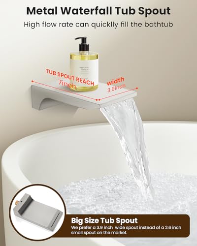 gotonovo Shower System with Tub Spout,Waterfall Tub Shower Faucet Set for Bathroom Head and Handle Set Wall Mounted 3 Function Rough-in Valve and Trim Included 12 inch Shower Head Brushed Nickel - color: Brushed Nickel, size: 12 inch Shower Head