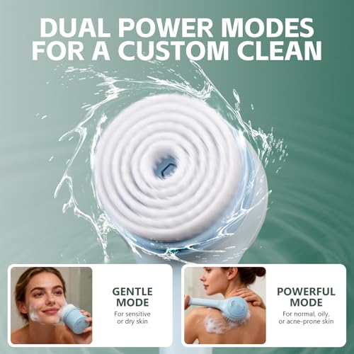 Electric Body Brush Back Scrubber for Shower, Waterproof Long Dual Handle Power Body Scrubber with 4 Heads, Bath Brush & 2 Speeds, for Deep Cleansing, Exfoliating and Massaging Skin (Blue) - color: Blue