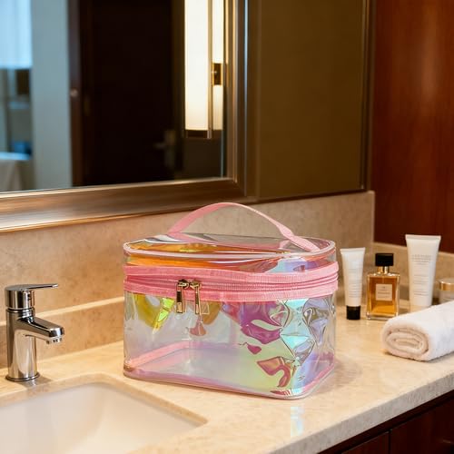 Waterproof Holographic Red PVC Makeup Bag with Handle - 8.66 * 5.51 * 5.51 inch Travel Cosmetic Organizer for Women Men Toiletry Pouch (Holographic Red-L) - color: Holographic Red-L