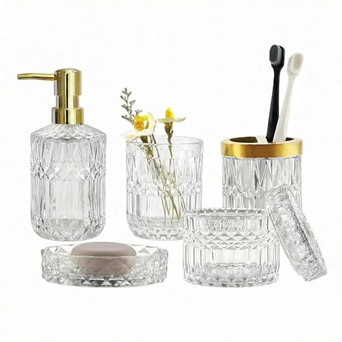 LaMarriti Clear Bathroom Accessories Set, 5pcs Crystal Glass Bathroom Set Accessories, Soap Dispenser, Toothbrush Holder Set, Soap Dish, Tumbler, Qtips Holder for Vintage Bathroom Decor, Gift Set - style: Crystal Clear