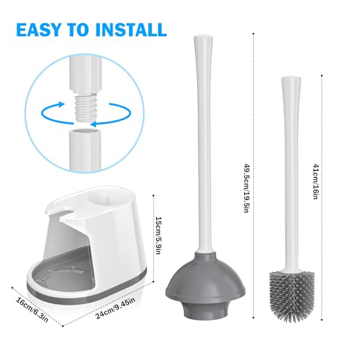 Toilet Plunger and Brush Set, Silicone Bowl Brush and Heavy Duty Toilet Plunger with Ventilated Holder, 2-in-1 Toilet Brush and Plunger Combo for 5.3-inch Toilet Drain Bathroom Deeply Cleaning - color: White & Grey01