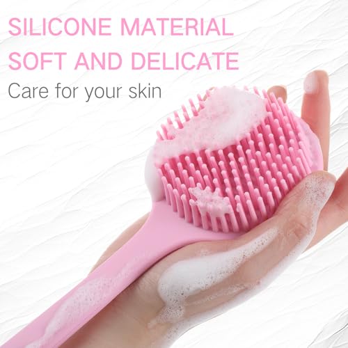 Sunnyray 2 Pack Silicone Back Scrubber for Shower with 15" Long Handle Double-Sided Bath Body Brush for Exfoliating Easy to Clean Quick Dry Deep Cleaning Lathers Well(Pink) - color: Pink