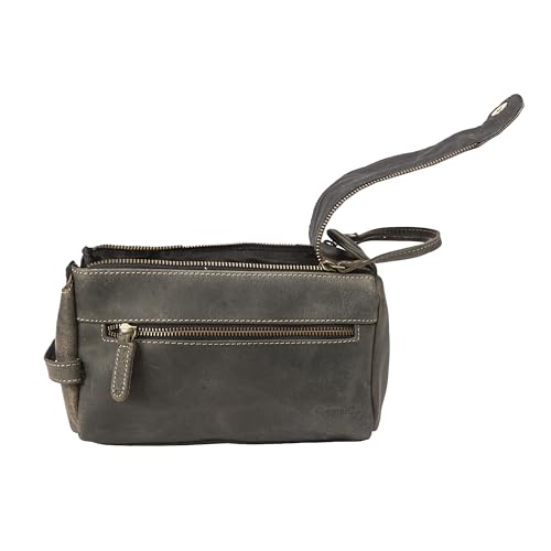 KomalC Premium Buffalo Leather Toiletry Bag for Men & Women With Water resistant Lining, Grooming Travel Pouch, Unisex Wash Bag for Toiletries, Gifts for Men and Women - color: Charcoal Black