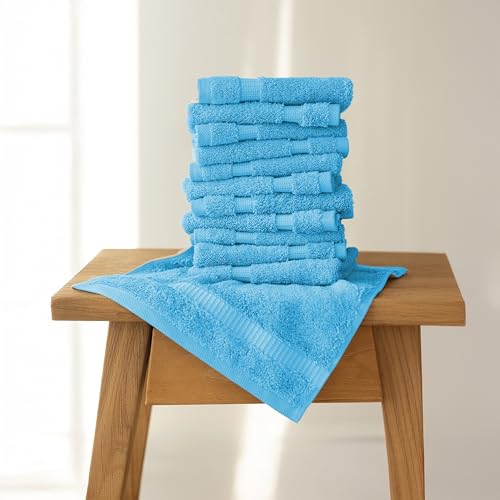 SALBAKOS 100% Turkish Cotton Washcloth Set of 12, 13x13 inch | Premium Quality | Hotel & Spa Collection | Ultra Soft, Super Absorbent, Wash Cloth Towels | Made in Turkey (Aqua, 12 Washcloths) - color: Aqua, size: 12 Washcloths