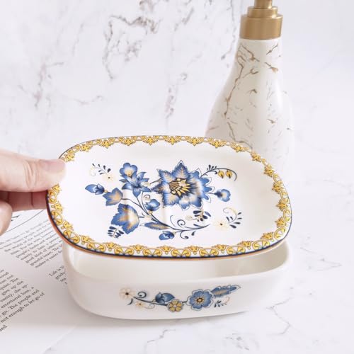 Self Draining Soap Dish, Double-Layer Bar Soap Tray, White Ceramic Soap Dish with Elegant Patterns (Style D) - color: Style D