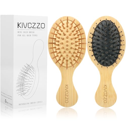 Mini Bamboo Hair Brush 2-Pack, Boar Bristle & Single Pins Massage Detangler, Small Travel Size for Thick/Curly Hair, Anti-Static Pocket Brush for Women Men Kids Gift