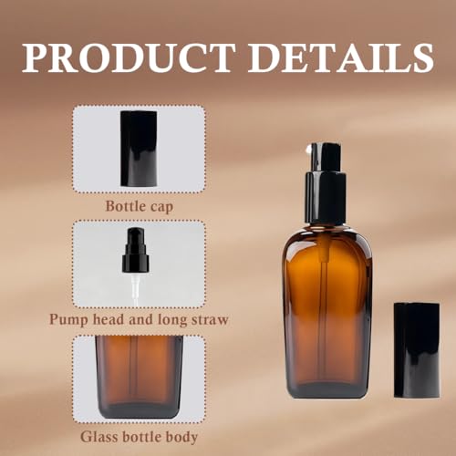 3Pcs 100ml / 3.4oz Amber Glass Bottles with Pump, Refillable Travel Containers, Leakproof Lotion Pump Dispensers for Skincare Liquids & Body Care Supplies