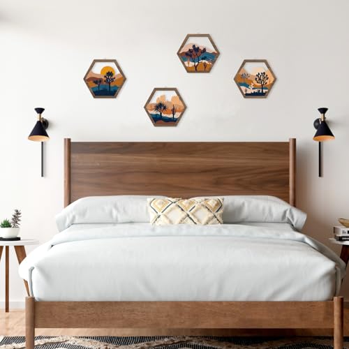 HPNIUB 4 Pcs Boho Mountains Scenery Wall Art Decor, Farmhouse Abstract Sunrise Trees Desert Cactus Hanging Wood Sign for Living Room, Aesthetic Bohemian Botanical Wooden Plaque for Apartment Bedroom(11''x9.8'') - color: Abstract desert scenery