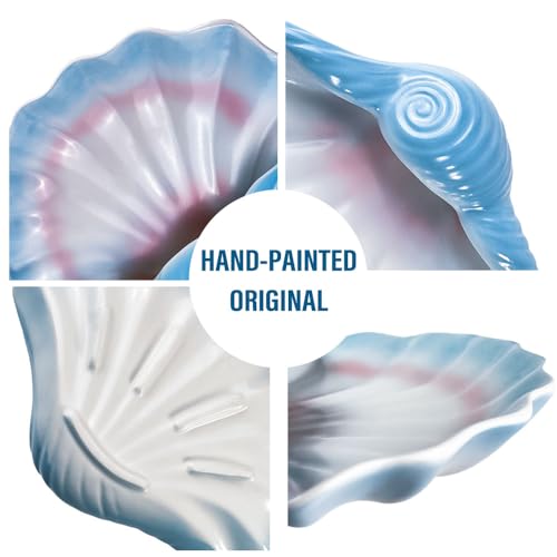 Ceramic Shell Soap Dish (7.7 x 5.3 in), Seashell Soap Holder Tray for Bathroom Shower Sink, Blue Shell Trinket Tray for Jewelry Rings Keys, Vanity Counter Organizer