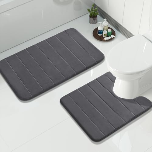 Yimobra Memory Foam Bath Mat Set 2 Piece - Super Soft Absorbent Quick Dry Bathroom Toilet Rugs, Machine Washable Non Slip Floor Carpet for Tub Shower & Single Sink (31.5x20 & 24x20, Dark Gray) - color: Dark Gray, size: 31.5x20+24x20 Inch