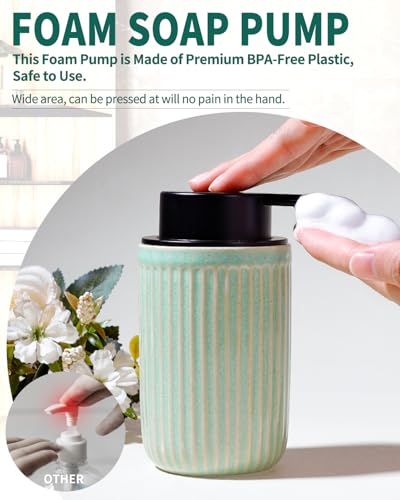 BosilunLife Foam Hand Soap Dispenser - Ceramic Foaming Soap Dispenser for Bathroom 12oz Refillable Liquid Lotion Soap Dispenser with Rust-Proof Foaming Pump for Countertop (Light Green) - color: Light Green Foam Pump