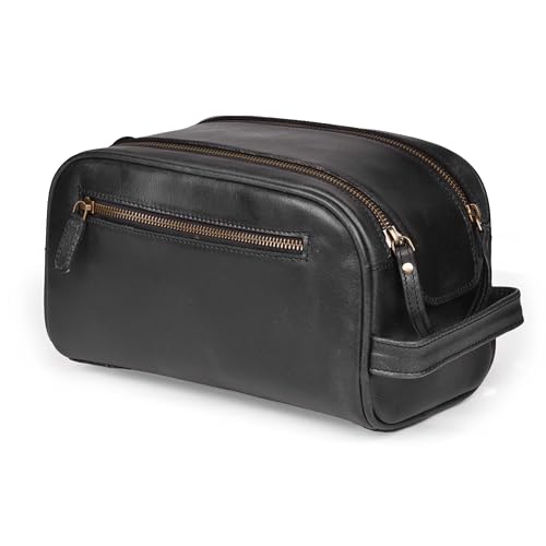 LEATHER VILLAGE Genuine Leather Toiletry Travel Bag With Waterproof Lining - Black | King-Size Handcrafted Vintage Dopp Kit Bag, Shaving & Bathroom Organizer, Gift for Men & Women - color: Black