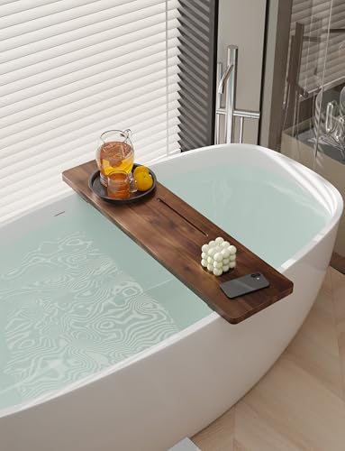 Tinamo 35”L Wooden Bathtub Tray, Bathtub Caddy Tray For Tub with Tablet Slot & Wine Holder - Acacia Bath Tray For Tub, Bath Table - Bathtub Tray Table with Adjustable Legs (Walnut color, 35"x 9"x2.5") | Acacia Wood, 35" x 9" x 2.5", Adjustable Width, Beve