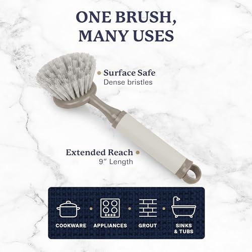 Farberware Dish Brush with Handle, 2 Pack, Firm Bristles | Kitchen scrub brush and dish scrubber removes grease, reaches pot and pan edges, 9in, round head, soft-grip design - color: Beige/Tan