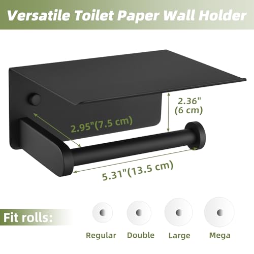 Toilet Paper Holder with Phone Shelf, APLusee SUS 304 Stainless Steel Bathroom Tissue Holder, Wall Mounted Roll Paper Dispenser, Matte Black - color: Matte Black, size: Single Rod