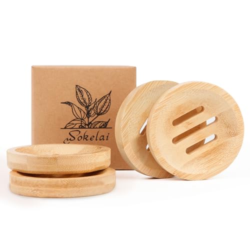 Bamboo Soap Dish for Bar Soap in Shower 4PCS, Wooden Round Holders Self-Draining Tray for Shampoo Conditioner Bars Holder, Travel Soap Saver Case for Bathroom, Kitchen Sink, Bath Tub, Razor Sponges - color: Beige ( 4 Pack )