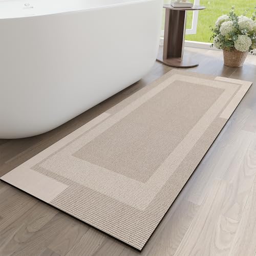 YDKGL Non Slip Long Bathroom Runner Rug Bath Mat, Rubber Backing Ultra Thin Bathroom Rugs Fit Under Door Quick Dry Super Absorbent Washable Shower Mat for Bathtub Sink Floor, Beige 17"x59" - color: A- Beige, size: 17” x 59“