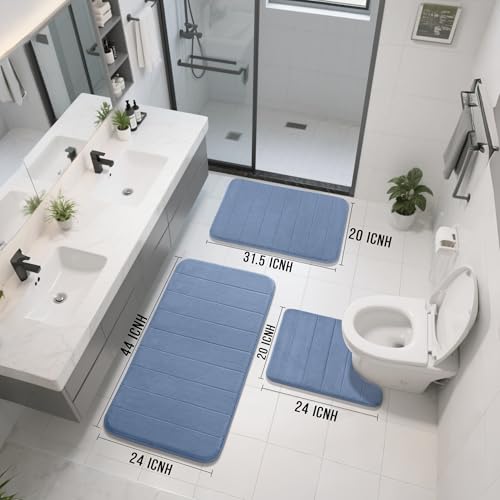 Yimobra 3 Pieces Memory Foam Bath Mat Set with U-Shaped Toilet Rug - Non Slip Super Soft Absorbent Quick Dry Bathroom Rugs for Bathtub, Vanity & Toilet Base, Denim Blue - color: Denim Blue, size: 44''x24'' + 31.5''x20'' + 24''x20''