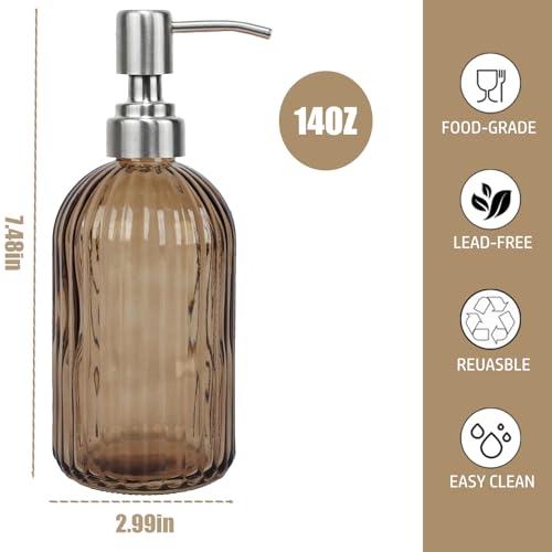 14Oz Brown Soap Dispenser Bathroom, Clear Glass Hand Soap Dispensers with Stainless Steel Pump, Refillable Dish Soap Dispenser for Kitchen, Countertop Soap Dispensers - color: Brown