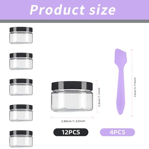 12 Pcs 15ml/0.5oz Small Travel Containers, 4 Pcs Makeup Spatula, Clear Plastic Cosmetic Jar Refillable Roun for Lotion Cream Products Sample Bottles, Plastic with Screw on Lid Container (Black) - color: black