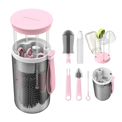 Travel Baby Bottle Brush Set with Extendable Liquid Silicone Bottle Brush，Nipple Brush，Built-in Bottle Drying Rack，Straw Cleaner Brush，Baby Bottle Soap Dispenser，Bottle Warmer (Pink)
