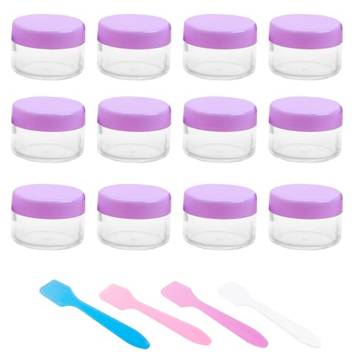 12 Pcs 15ml/0.5oz Small Travel Containers, 4 Pcs Makeup Spatula, Clear Plastic Cosmetic Jar Refillable Roun for Lotion Cream Products Sample Bottles, Plastic with Screw on Lid Container (purple) - color: purple