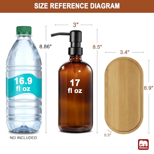 GMISUN Amber Glass Soap Dispenser, 2 Pack Bathroom Hand Soap Dispensers with Bamboo Tray, 17 Fl Oz Kitchen Hand and Dish Soap Dispenser Set, Modern Vintage Liquid Brown Soap Dispensers Bottle - color: Amber Bottle + Black Pump + Bamboo Tray, size: 2 Pack