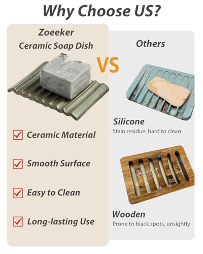Zoeeker Soap Dish, Ceramic Soap Holder Bar Soap Saver Non-Slip Bathroom Accessories for Sponges, Scrubber, Razor, Green - color: Green, size: Wave