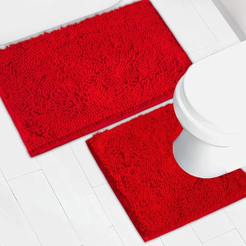 Bathroom Rugs Chenille Bath mat 2 Piece Set, Super Absorbent, Strong PVC Non Slip Backing, Bath mats for Bathroom, Plush Shaggy, Thick, Machine Washable, Bathtub, Toilet.(Red) - color: Red, size: 20''×20''U-Shape+20''×32''