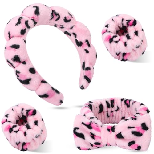 Face Washing Headband and Wristband Set, Leopard | Soft absorbent fabric, snug head-hugging fit for face washing, skincare, makeup, masks, travel, women and teen girls - color: Pink leopard print