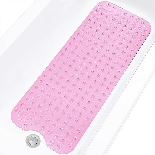 Bathtub and Shower Mats, Extra Long Non-Slip Bath Tub Mat 39 x 16 Inch, Machine Washable Bathmat with Suction Cups & Drain Holes for Bathroom Floor, Clear Pink - color: Clear Pink