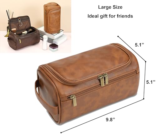 Toiletry Bag for Men, Travel Shaving Dopp Kit Water-resistant Bathroom Toiletries Organizer PU Leather Cosmetic Bags - color: brown