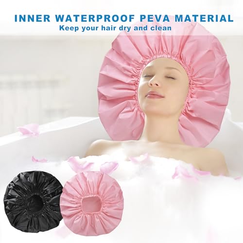 Extra Large Shower Cap 2 PCS Waterproof Shower Caps for Women, Super Jumbo Shower Cap, Reusable Super Large Bath Caps Hair Cap for Long Thick Curly Hair, Locs, Twist Braids - Black + Pink - color: Black + Pink