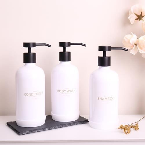 Shampoo and Conditioner Dispenser Set of 3,Refillable 21oz Shampoo Bottles with Non-Slip Protective Silicone Pad,Shower Soap Dispenser with Waterproof Labels for Bathroom (White) - color: White Bottles + Black Pumps