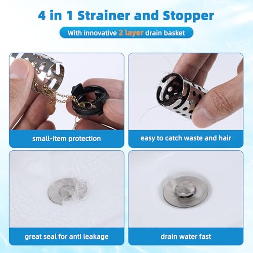 Universal Bathroom Sink Drain Stopper Hair Catcher, Brushed Nickel | Upgraded with 2-Layer Detachable Filter Basket, 4 in 1 Pop Up Drain Strainer, Anti-Clog, Fit for 1.1''~2.36'' Sinks - color: Brushed Nickel Finish