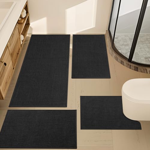 YIHOUSE Black Bathroom Rug Sets 4 Piece, Absorbent Bath Mat for Bathroom Non Slip Washable, Bathroom Mat Quick Dry, Thin Bath Rug Set for Toilet and Floor - color: Black, size: 4 Piece