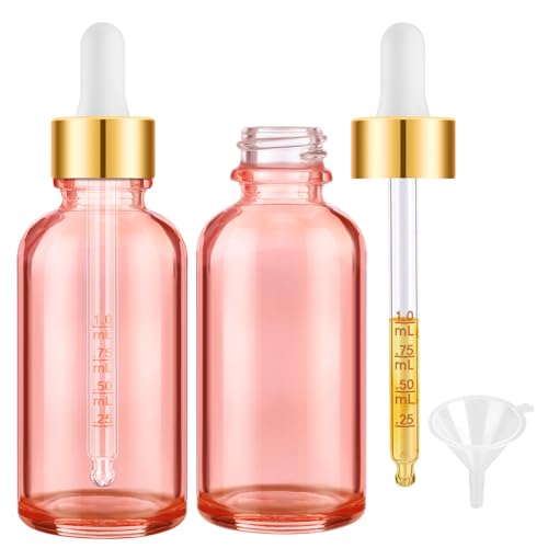 Bumobum 2 oz Glass Dropper Bottles, 2 pack Pink Lab dispensing Bottles for Essential Oils with Funnel, Labels & Pipette, Eye Tincture Bottle with Measured Dropper - color: Pink