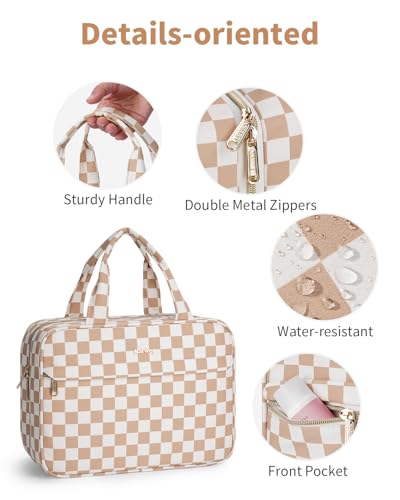 Narwey Hanging Travel Toiletry Bag for Women Checkered Makeup Bag Organizer Cosmetic Make up Toiletries Bag for Travel Essentials Accessories (Light Brown Checkerboard, Large) - color: Light Brown Checkerboard, size: Large