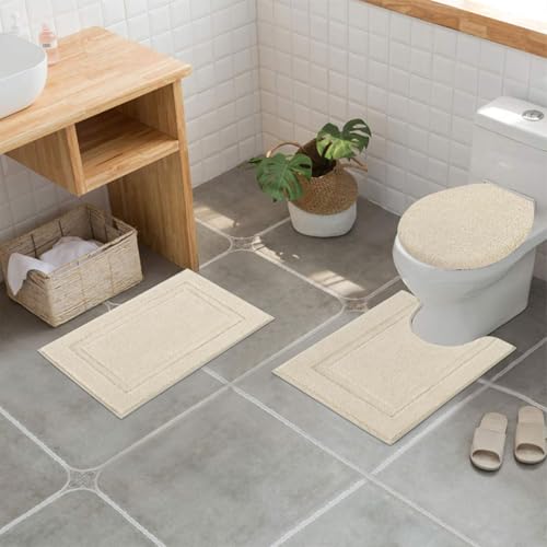 SHACOS Microfiber Bathroom Rugs Set of 3 with Toilet Lid Cover Non Slip | Washable Bath Mat Absorbent Bathroom Carpet 16"x24"+U Shape Toilet Rug 20"x24"+Toilet Lid Cover 19"x21", Light Beige - color: Light Beige, size: 16"x24"+U-Shape 20"x24"+Lid Cover 19