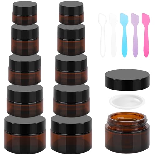 Accmor Amber Glass Jars with Lids, 10 Pcs Cosmetic Containers with 5 Spatula, Inner Liners, 0.18/0.35/0.53/0.7/1 OZ Size Makeup Mini Travel Containers LeakProof, UV-Protective, for Creams, Lotions - color: Amber