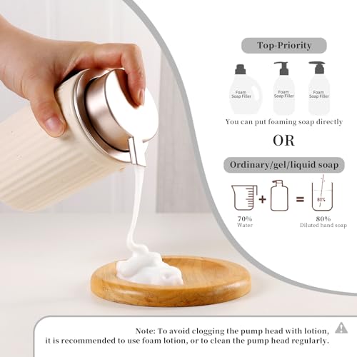 BosilunLife Bathroom Accessories Set - Ceramic Bathroom Set Bathroom Decor Sets Bathroom Counter Foam Soap Dispenser and Toothbrush Holder Set, Soap Dish, Apothecary Jar (Striped Apricot) - color: Apricot-foam